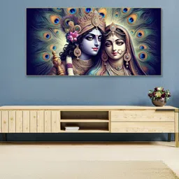 nestroots Navy Blue & Cream Colored Radhakrishna Religious Printed Canvas Wall Painting image 1