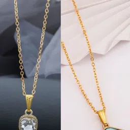 SZN Set Of 2 Gold-Plated Artificial Stones Studded Enamelled Square Pendants With Chains-picture-33