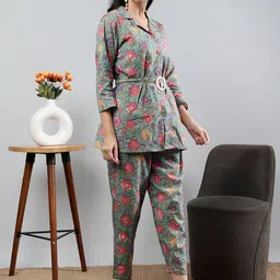 Polyglot Floral Printed Pure Cotton Shirt Collar Top With Trousers image 5