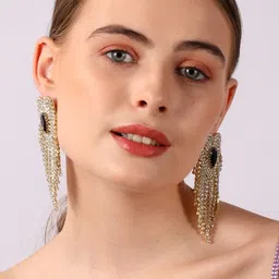 StyleCast Gold-Plated Rhinestone Studded Heart Shaped Tasselled Drop Earrings image 3