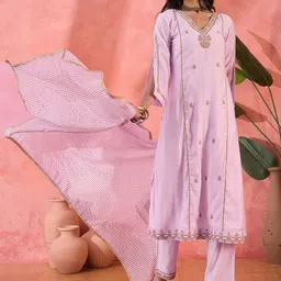 Sangria Floral Embroidered V-Neck Sequinned Straight Kurta And Trouser With Dupatta-picture-27