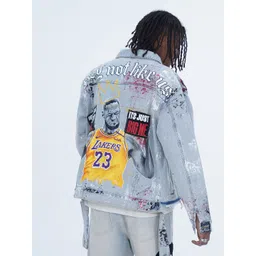 VALKYRE Unisex Typography Printed Spread Collar Cotton Denim Jacket image 2