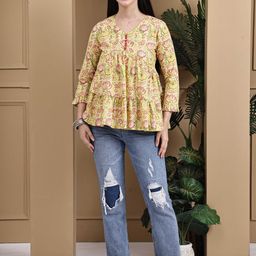 KALINI Women Yellow Pure Cotton Floral Jaipuri Printed V-Neck Ethnic Short Top-picture-42