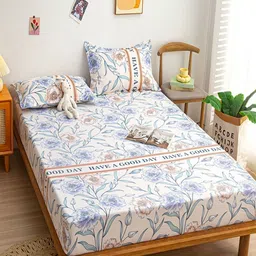 JC HOME White & Blue Floral 140 TC Fitted Double Queen Bedsheet Set 1.50 m x 2 m image 2