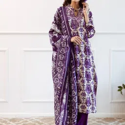 Anouk Purple Floral Printed Mandarin Collar Straight Kurta With Trousers & Dupatta-picture-18