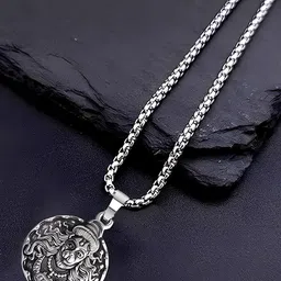 RV Jewels Unisex Stainless Steel Silver-Plated Hanuman ji Circular Shaped Pendant-picture-15