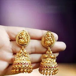 BlingNation Gold-Plated Faux Ruby Stones Studded Dome Shaped Jhumkas image 4