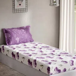 DDecor Dahlia Floral Purple Cotton 144 TC Single Bedsheet With 1 Pillow Cover image 2