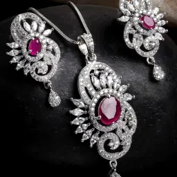 Karatcart Silver Tone Red American Diamond Studded Pendant Set image 2