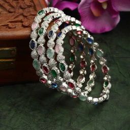 Zeneme Rhodium Plated Silver Multicolour American Diamond Bangles for Women Set of 4-picture-11