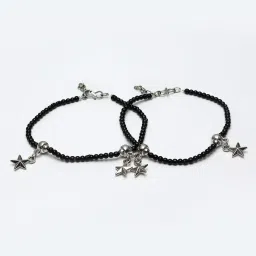 Panash Oxidized Silver Plated Black Beaded Star Shaped Handcrafted Anklets Set of 2 image 3