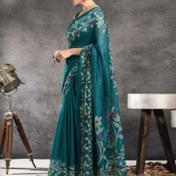 Satrani Rama Blue Linen Floral Print Saree With Unstitched Blouse image 3