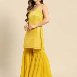 Mabish Yellow Woven Pattern Kurti Sharara Set image 3