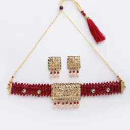 Panash Gold Plated Red & White Stone Studded & Beaded Jewellery Set image 3