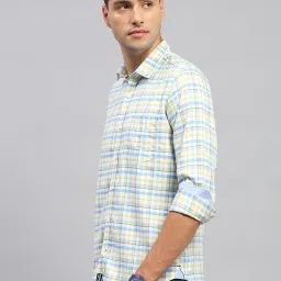 Monte Carlo Yellow & Blue Cotton Regular Fit Checks Shirt image 3