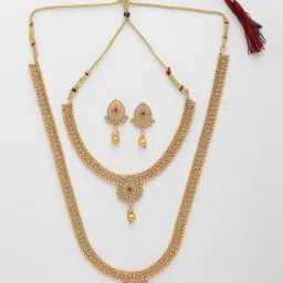 NVR Gold Plated Pink Stone Studded Jadau Temple Jewellery Set Pack of 2 image 3