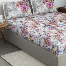 DDecor Primary Floral Pink & Blue 136 TC Cotton Double Bedsheet with 2 Pillow Covers image 2