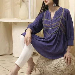 Biba Women Self Design Embroidered Mandarin Collar Tunic-image-55