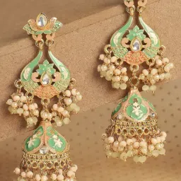 OOMPH Jewellery Green & Pink Meenakari Enamel & Kundan Ethnic Long Jhumki-image-46