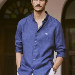 Andamen Navy Blue Linen Solid Shirt-image-39