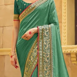 Saree Mall Green Woven Sarees With Unstitched Blouse image 3