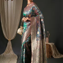 Saree Mall Blue Woven Sarees With Unstitched Blouse image 3