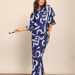 KAORI BY SHREYA AGARWAL Blue Cotton Printed Three-Quarter Sleeves Shirt-image-2
