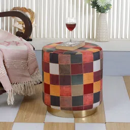 Shadowkart Red & Green Printed Wooden & Velvet Round Pedestal Ottoman-picture-15