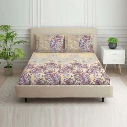 Spaces Flamboyance Beige & Purple 100% Cotton 144 TC Double Bedsheet with 2 Pillow Covers-picture-19