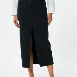 Koton Pure Cotton Front Slit Straight Midi Skirts-picture-23