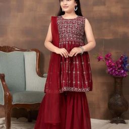Aarika Kids Maroon Embroidered Kurti Set-picture-15