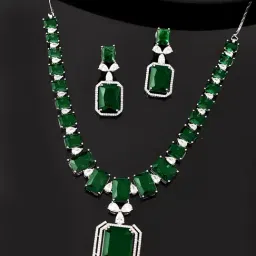 Voylla Silver Radiant Emerald Green American Diamond Necklace & Earring Set-image-37