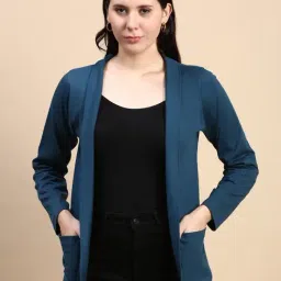 Kryptic Teal Blue and Dark Brown Cotton Solid Open Front Shrug with Pockets, Pack of 2 image 4