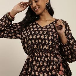 Taavi Women Black & Beige Bagru Printed Pure Cotton Wrap Top-picture-7