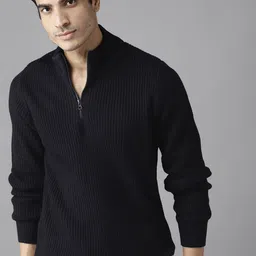 Roadster Men Navy Blue Self-Striped Pullover image 3