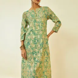 Soch Green Muslin Floral Foil Print Straight Kurta with Pocket-picture-16