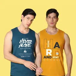 WOOSTRO Men Pack of 2 Typography Printed Round Neck Cotton Slim Fit Sports T-shirts image 4