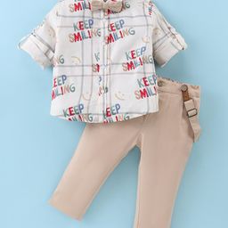 ToffyHouse Chambray Woven Full Sleeves Text Printed Party Shirt & Trouser With Bow & Suspender - Tan-picture-15