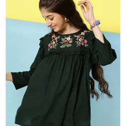 ISHTI Three Fourth Sleeves Frill Detailed Floral Embroidered Top - Bottle Green-picture-11