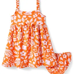 Babyhug Single Jersey Knit Sleeveless Frock With Bloomer with Floral Print & Bow Applique - Orange & White-picture-15