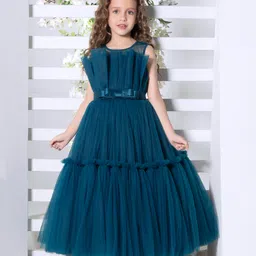 Ministitch Net Sleeveless Pleated Bow Applique Detailed Tiered Gown - Teal Blue-picture-20
