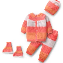 Babyhug Knitted Full Sleeves Striped Front Open Sweater Set with Color Block Design Booties & Cap - Orange-picture-29