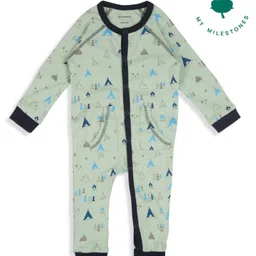 My Milestones 100% Cotton Knit Full Sleeves Camping Theme Printed Romper - Sage Green-image-47