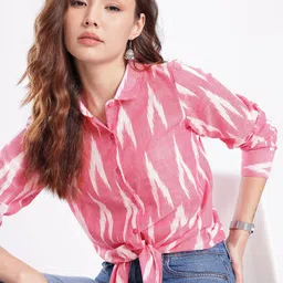 fusion by glitchez Ikat Woven Design Shirt Style Top with Tie-Up-image-3