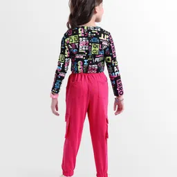 OLLINGTON ST. Cotton Knit Full Sleeve Text Printed Top & Joggers - Black & Pink image 2