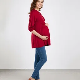 Bella Mama Woven Three Fourth Sleeves Solid Color Pleated Yoke Maternity Top - Maroon image 3