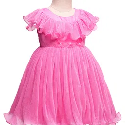 Babyhug Woven Sleeveless Pleated Party Dress With Ruffles And Bow Applique - Dark Pink image 3