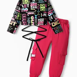OLLINGTON ST. Cotton Knit Full Sleeve Text Printed Top & Joggers - Black & Pink image 3