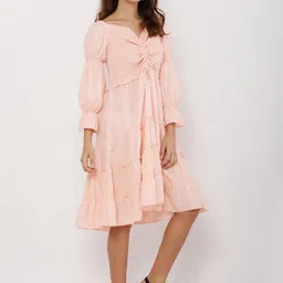 MUMRAA Puff Sleeve Georgette Fit & Flare Dress image 3