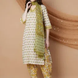 Melange By Lifestyle Off White Cotton Regular Fit Printed Kurta Sets-image-38